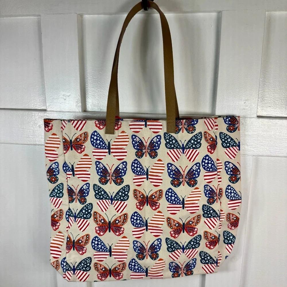 Canvas Boho Butterfly Flag Print Tote Bag Red White Blue Pom‎ Pom Red Straps